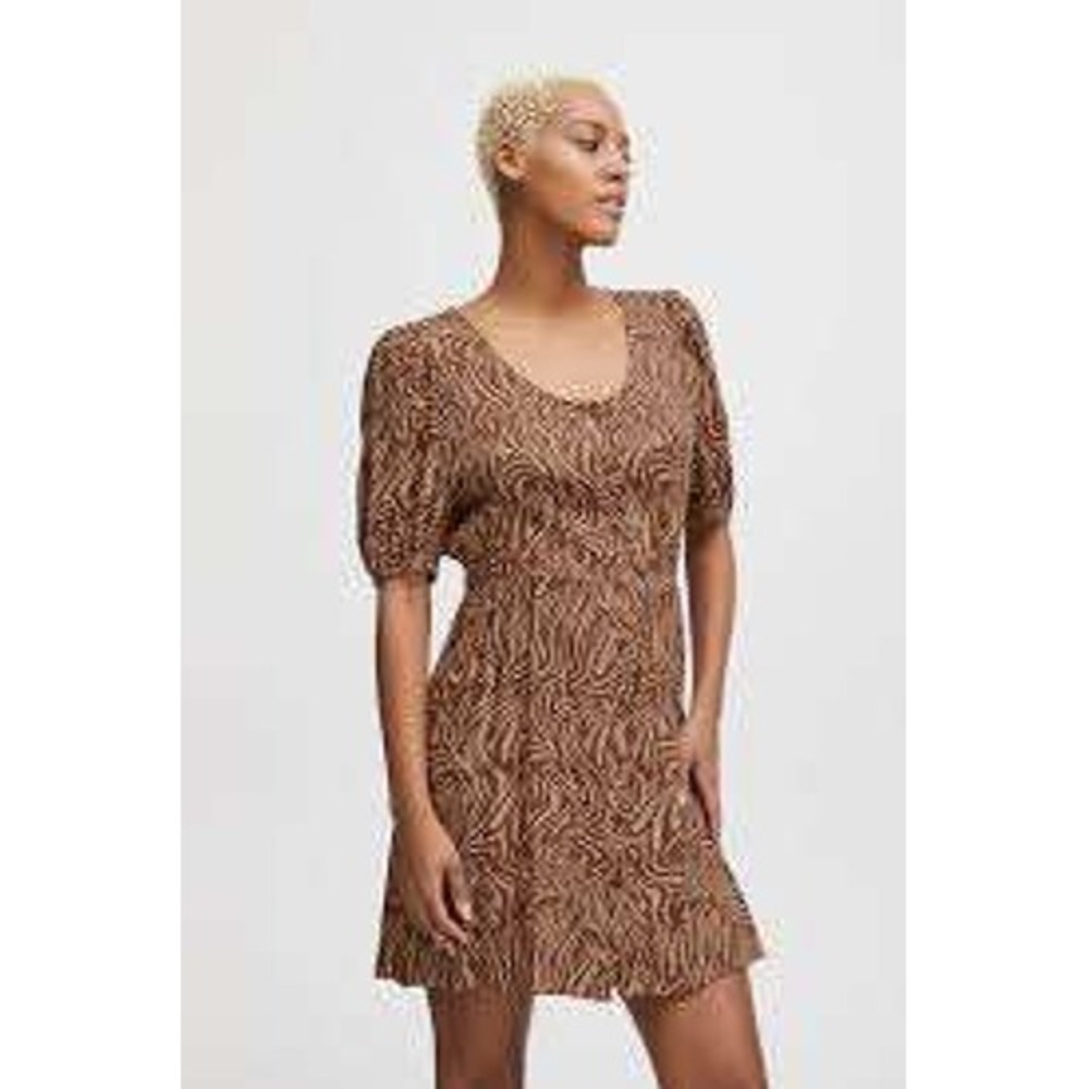 ICHI IHRITA DRBrown Zebra Print Button Front Mini Dress Puff Sleeve Size 40